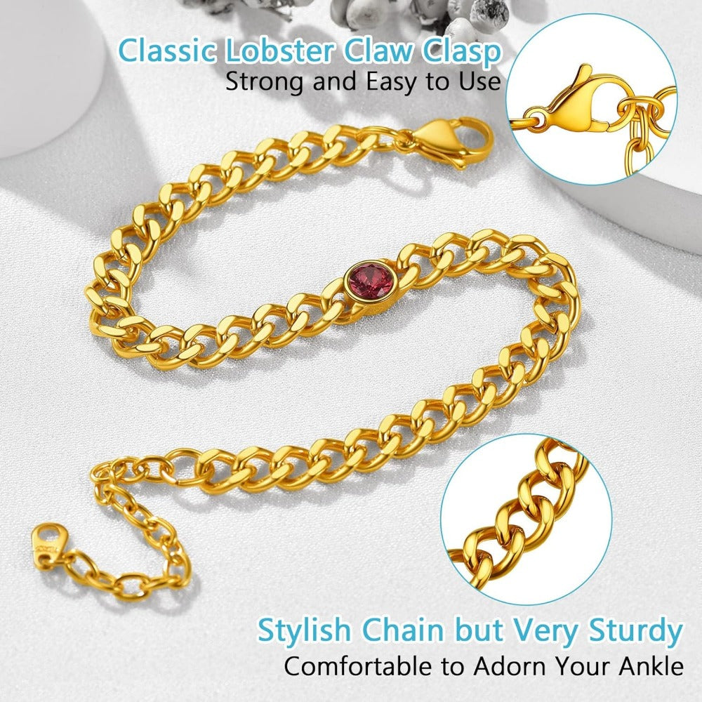 PROSTEEL Birthstone Cuban Links Chain Jan - Dec 12 Months Black/18K Gold Plated Stainless Steel Anklets