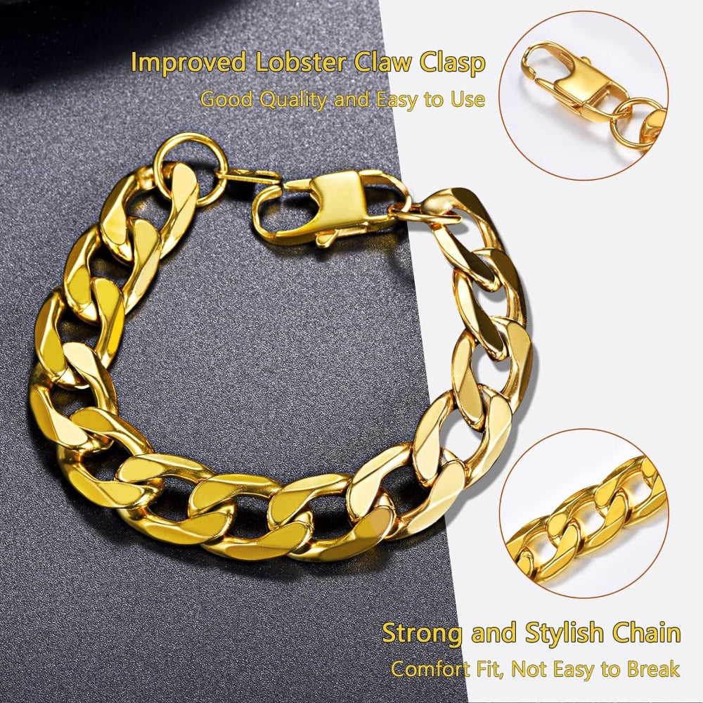 PROSTEEL Mens Black/18K Gold 316L Stainless Steel Cuban Link Chain Bracelet Hip Hop Jewelry